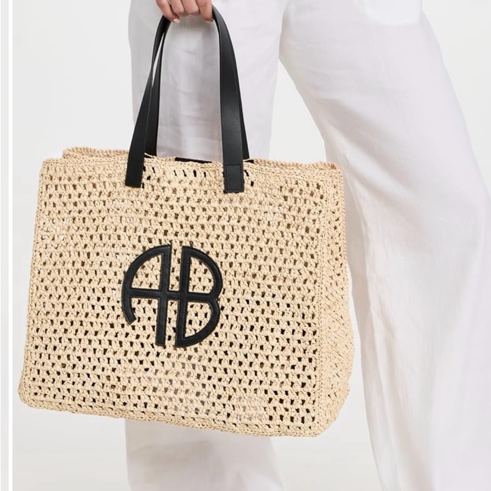 Anine Bing Natural Woven Tote with Black Handles